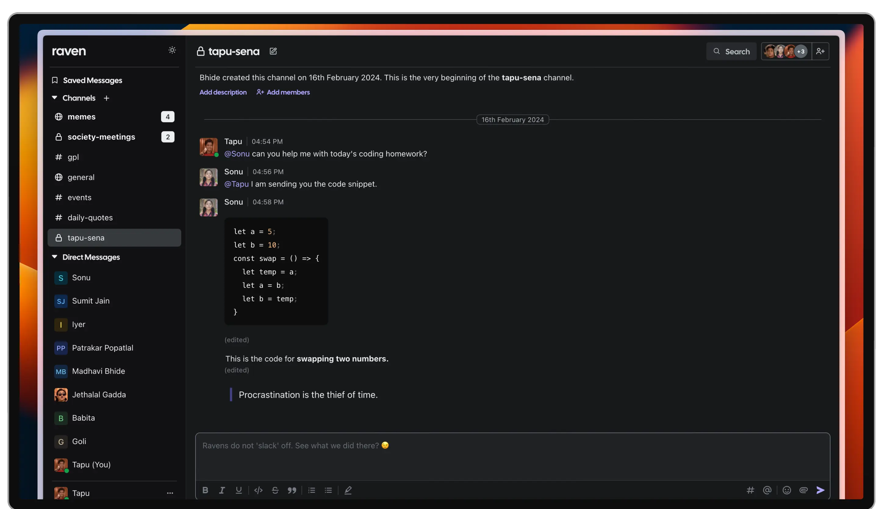 A screenshot showing messages on Raven with multiple text formatting options 